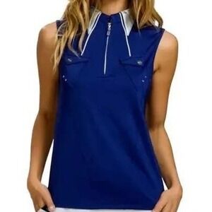 Jamie Sadock Royal Blue‎ Sleeveless Zip Golf Polo Top Silver Trim EUC Size M